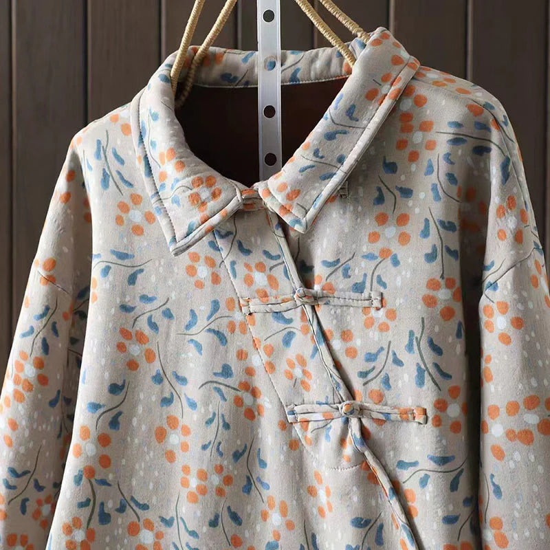 Buddha Stones Winter Flower Green Leaves Frog-Button Stand Collar Long Sleeve Women's Cotton Shirt