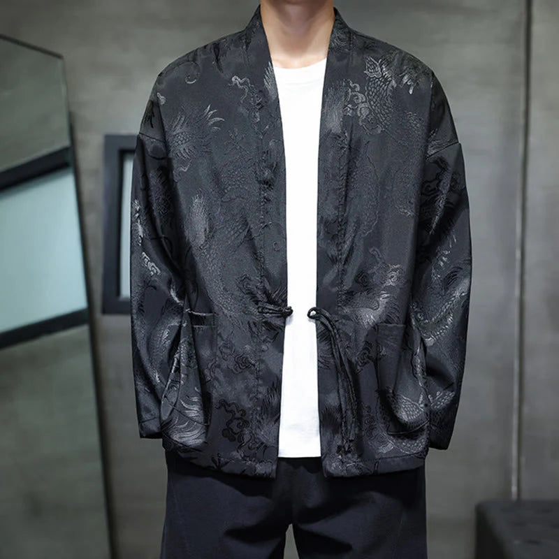 Buddha Stones Frog-Button Dragon Jacquard Stand Collar Long Sleeve Tang Suit Men's Shirt