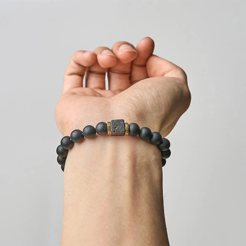 Buddha Stones Natural Frosted Black Onyx Square Lava Rock Fortune Bracelet