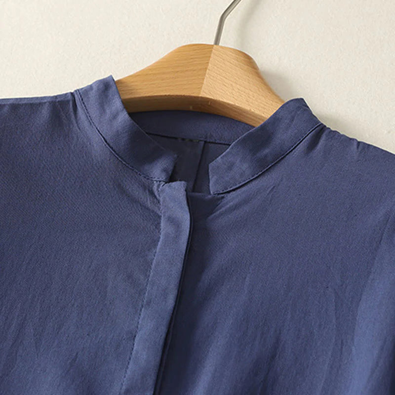Buddha Stones Summer Stand Collar Short Sleeve Plain Women's Buttons Cotton Shirt With Pocket