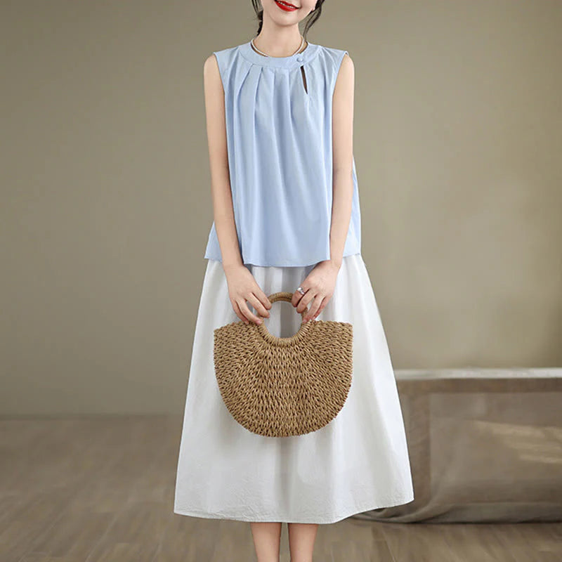 Buddha Stones Summer Solid Color Pleated Design Halter Neck Sleeveless Cotton Linen Women's Vest