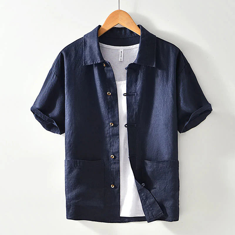 Buddha Stones Solid Color Buttons Men's Short Sleeve Linen Shirt With Pockets