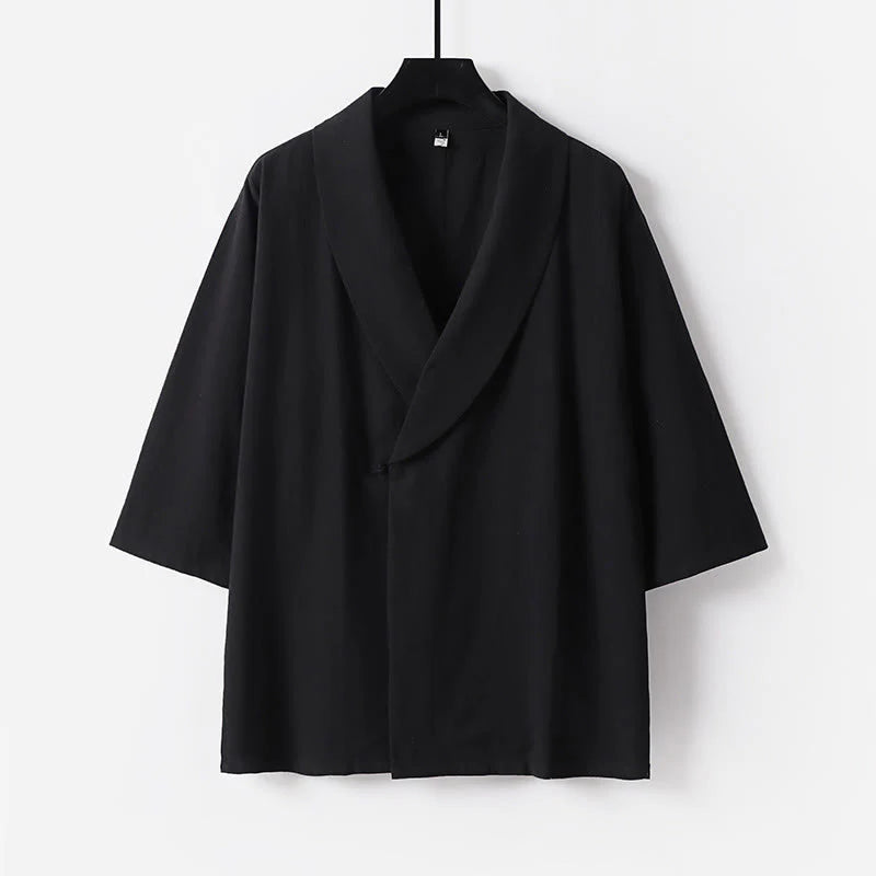 Buddha Stones Summer V-Neck Lapel Half Sleeve Cotton Linen Men's Shirt