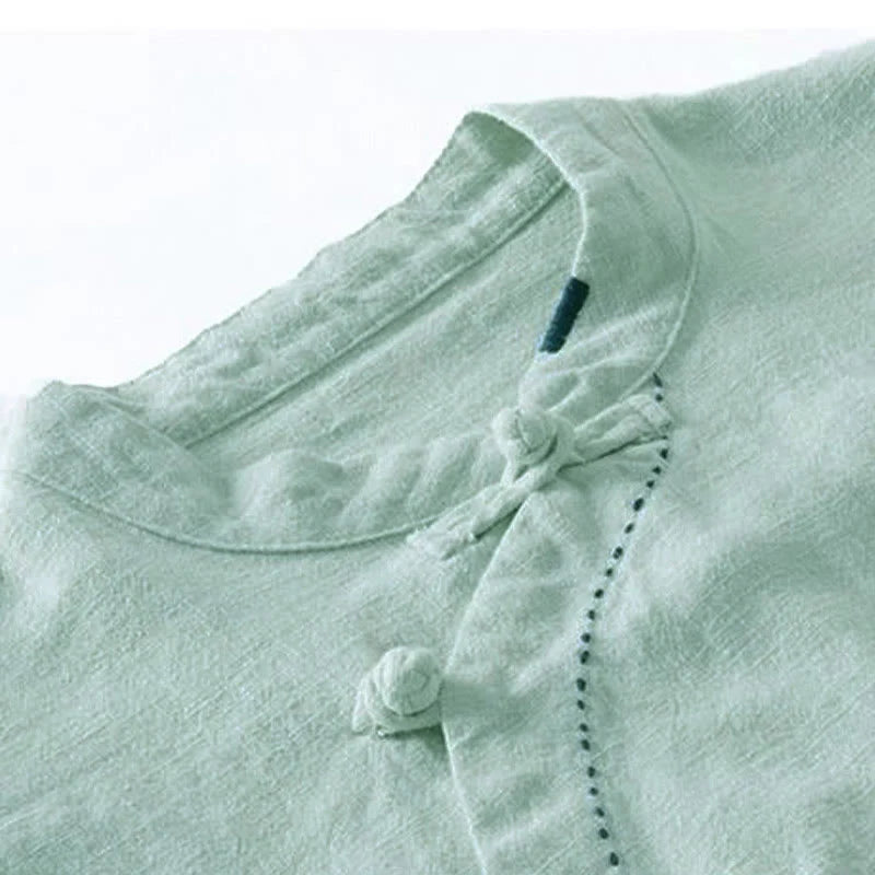 Buddha Stones Oblique Collar Knot button Loose Linen Clothing