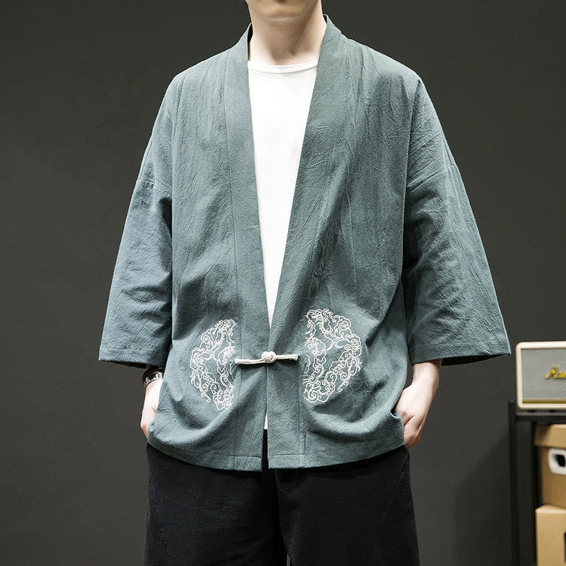 Buddha Stones Solid Auspicious Clouds Open Front Long Sleeve Jacket Men's Cotton Kimono