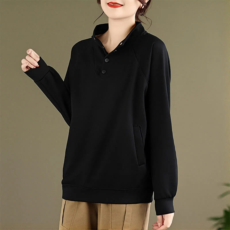 Buddha Stones Fall Solid Stand Collar Buttons Design Long Sleeve Women's Cotton Sweatshirt