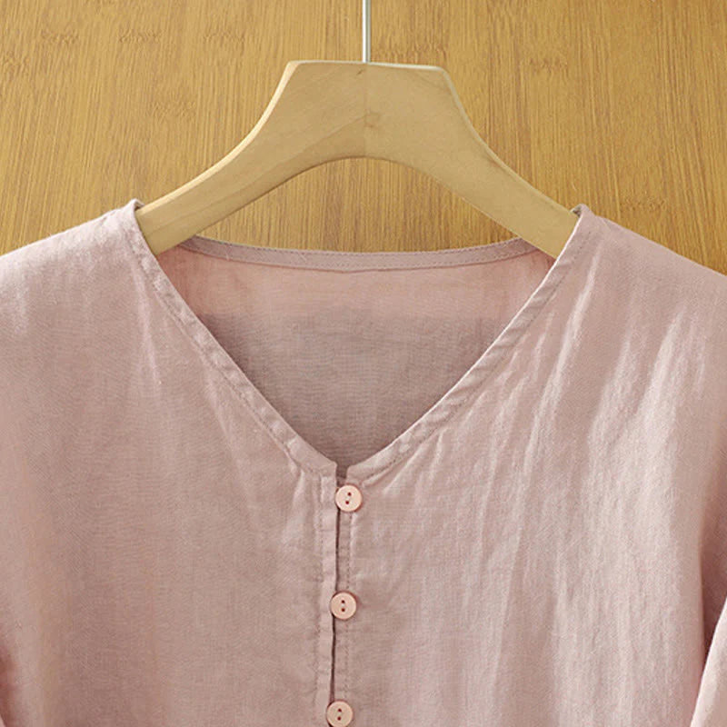 Buddha Stones Solid Buttons V-Neck Half Sleeve Women's Shirt