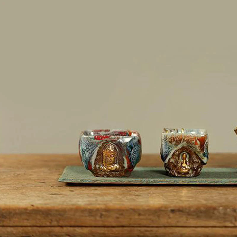 Buddha Stones Hand-painted Dunhuang Meditating Buddha Shino Ceramic Teacup Kung Fu Tea Cup