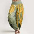 Buddha Stones Cotton Bamboo Leaves Full Moon Pattern Women's Elastic Waist Harem Pants