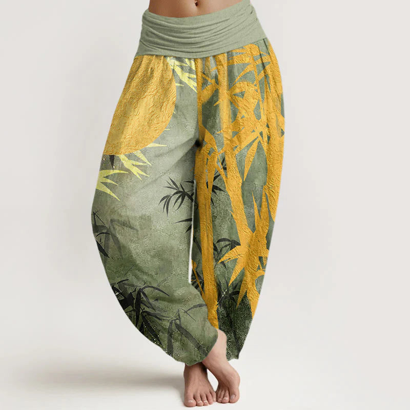 Buddha Stones Cotton Bamboo Leaves Full Moon Pattern Women's Elastic Waist Harem Pants