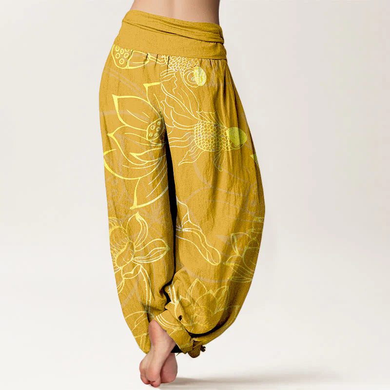 Buddha Stones Pure Cotton Lotus Leaf Koi Fish Women's Elastic Waist Harem Pants
