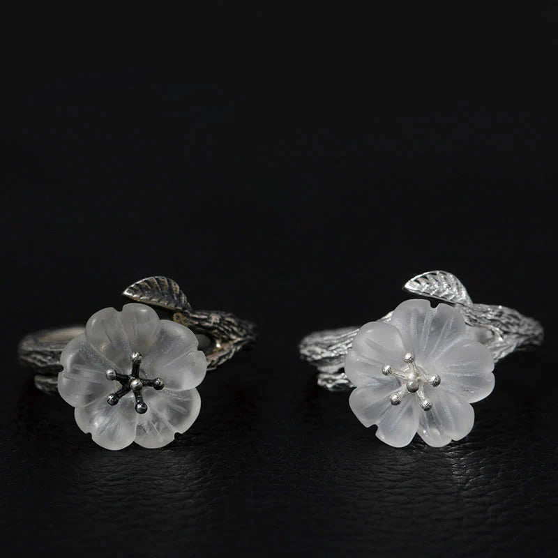 Buddha Stones 925 Sterling Silver White Crystal Skeleton Flower Adjustable Healing Ring