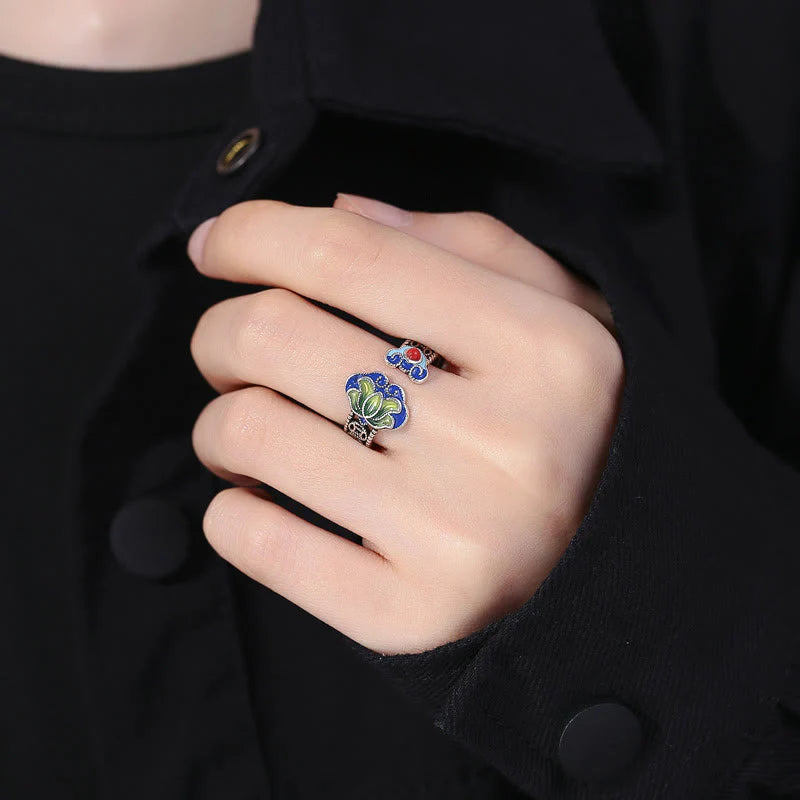 Buddha Stones Lotus Flower Copper Coins Ruyi Handle Pattern Enlightenment Adjustable Ring