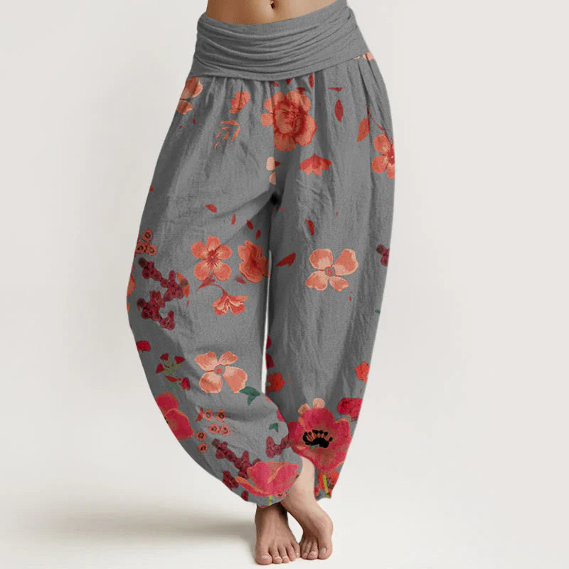 Buddha Stones Cotton Red Flowers Common Poppy Design Women's Elastic Waist Harem Pants