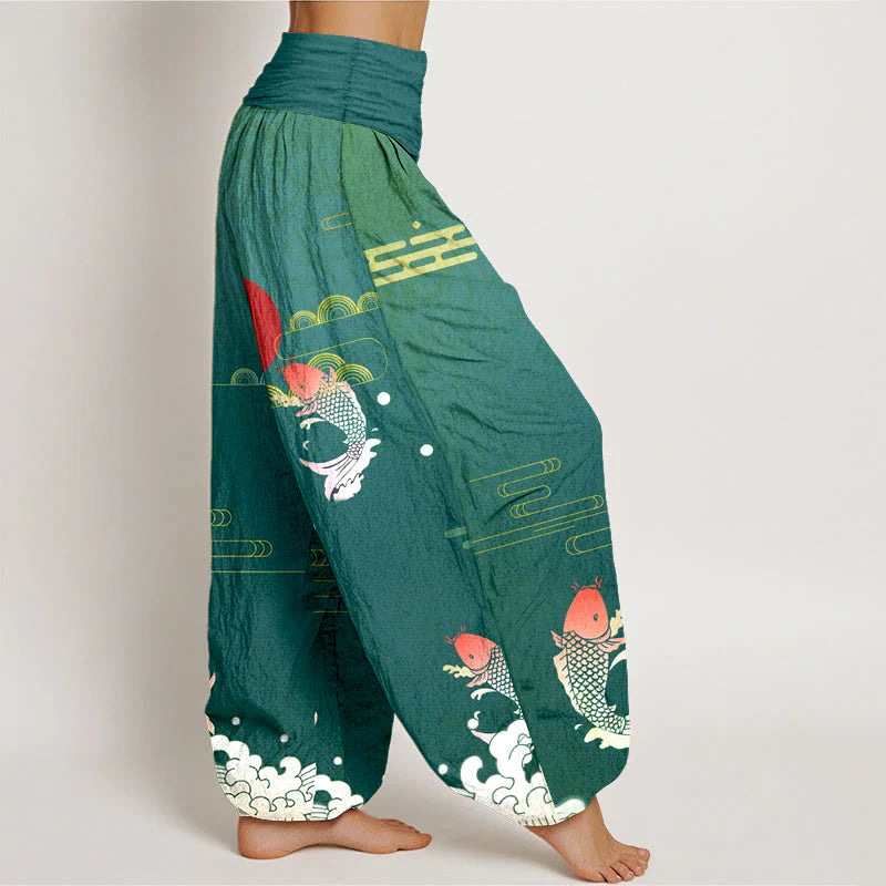 Buddha Stones Koi Fish Red Sun Waves Clouds Pattern Women's Elastic Waist Harem Pure Cotton Pants