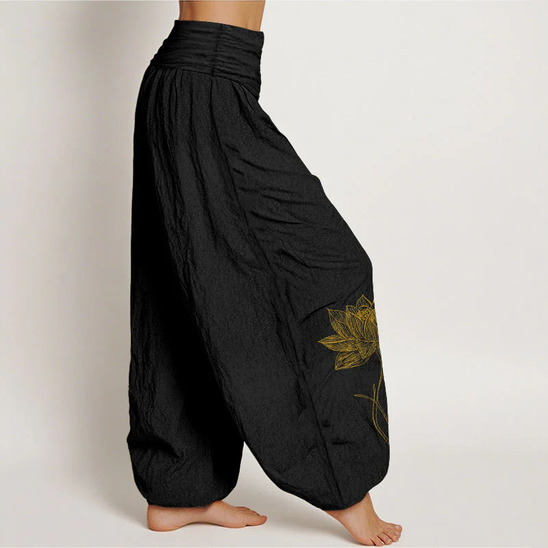 Buddha Stones Pure Cotton Elegant Lotus Flower Pattern Women's Elastic Waist Harem Pants