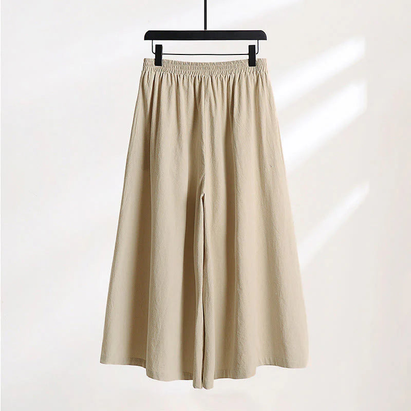 Buddha Stones Plain Lace-up Drawstring Design Men's Ankle-Length Cotton Linen Wide Leg Pants With Pockets