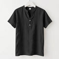 Buddha Stones Solid Summer Short Sleeve Half Buttons Linen Men's Shirt