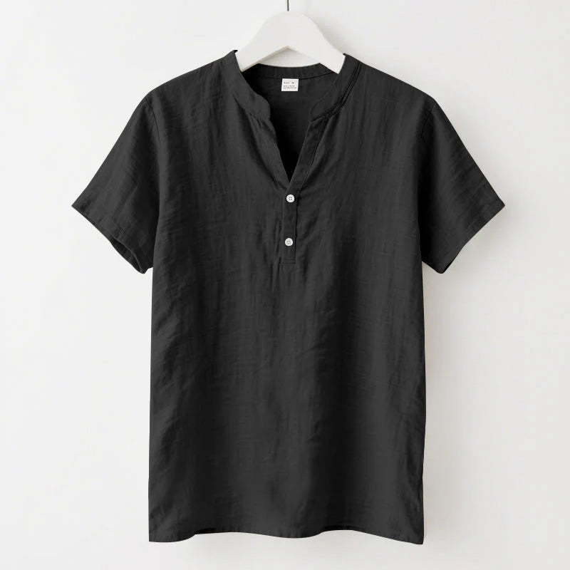 Buddha Stones Solid Summer Short Sleeve Half Buttons Linen Men's Shirt