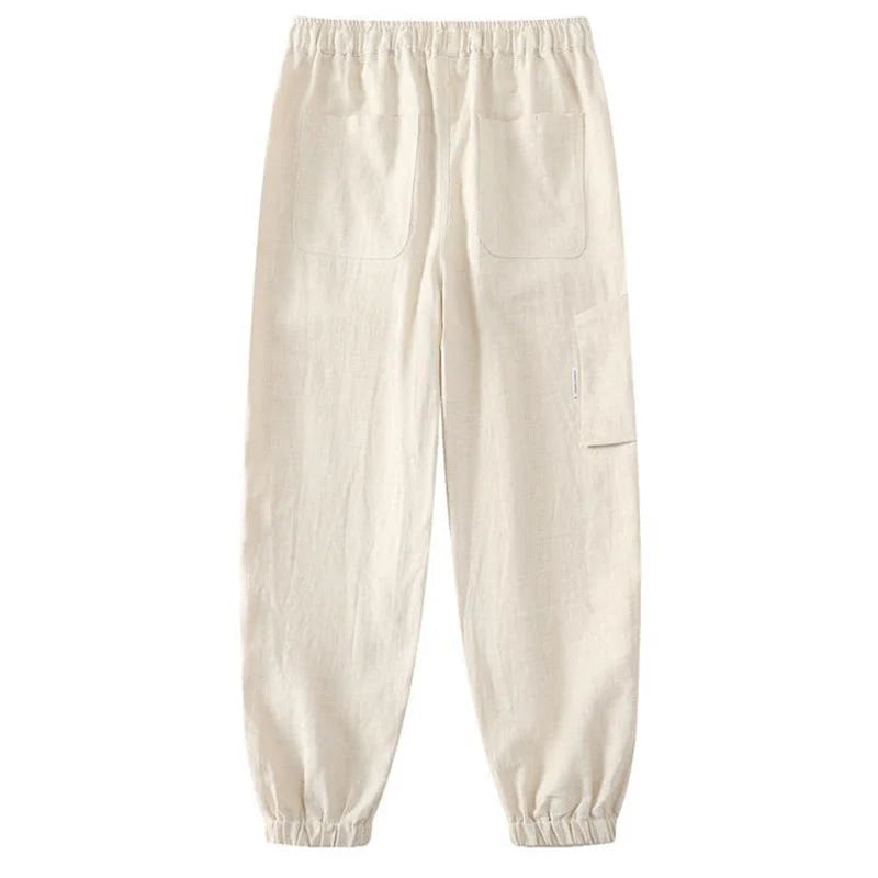 Buddha Stones Summer Ramie Linen Cotton Ankle-Length Elastic Cuffs Tapered Men's Pants With Pockets
