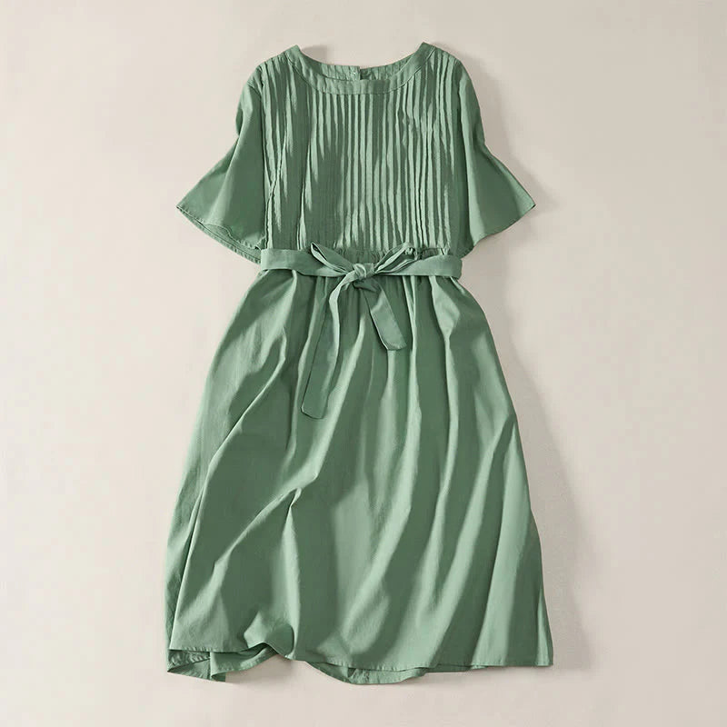 Buddha Stones Summer Pintuck A Line Knee Length Women's Short Sleeve Dress With Tie Waist Bow