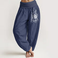 Buddha Stones Pure Cotton Minimalist Design Om Symbol Lotus Flame Pattern Women's Elastic Waist Harem Pants