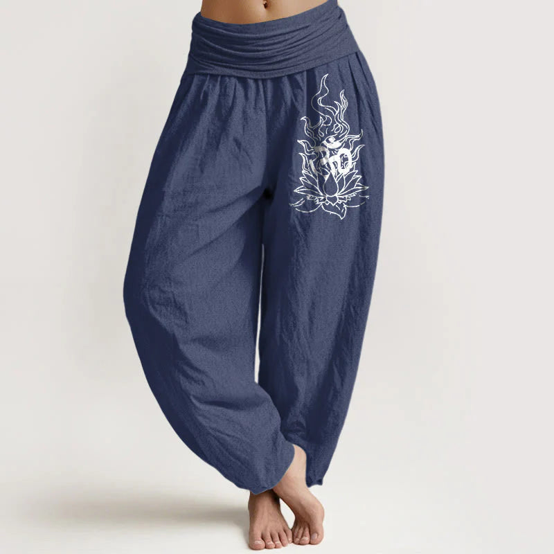 Buddha Stones Pure Cotton Minimalist Design Om Symbol Lotus Flame Pattern Women's Elastic Waist Harem Pants