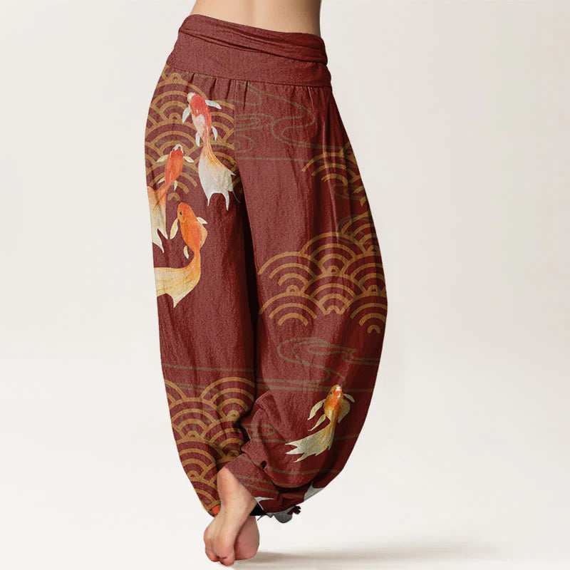 Buddha Stones Pure Cotton Red Koi Fish Fan-shaped Waves Women's Elastic Waist Harem Pants