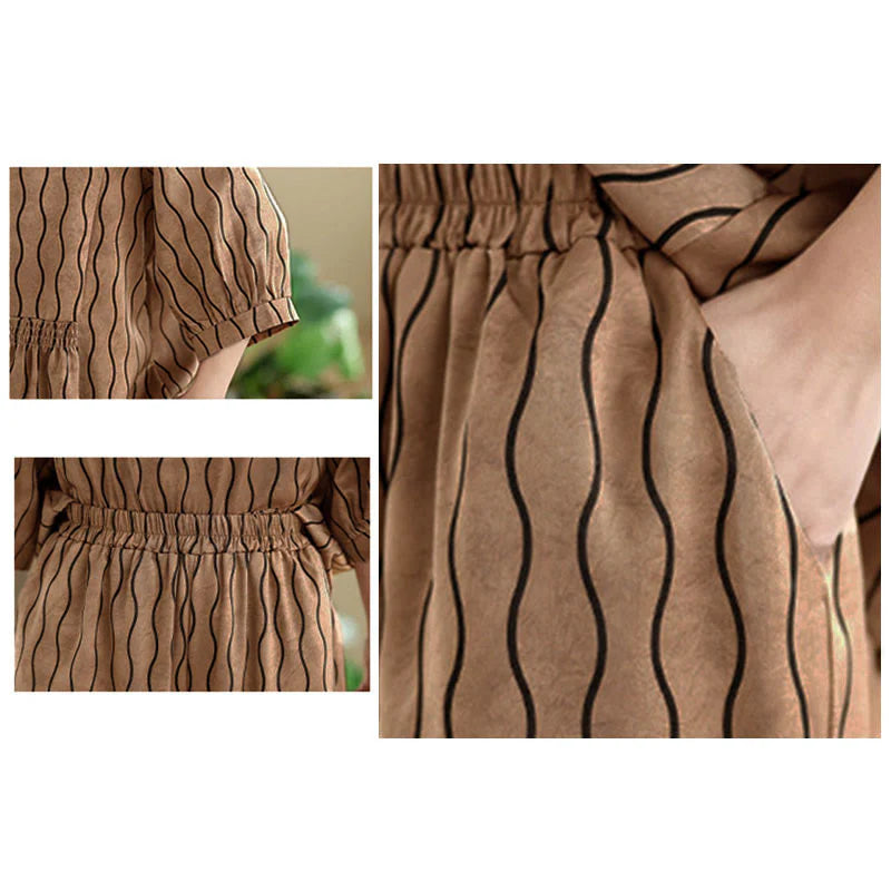Buddha Stones 2pcs Striped Pattern Short Sleeve Shirt Polyester 7 Length Harem Pants Set With Pocket
