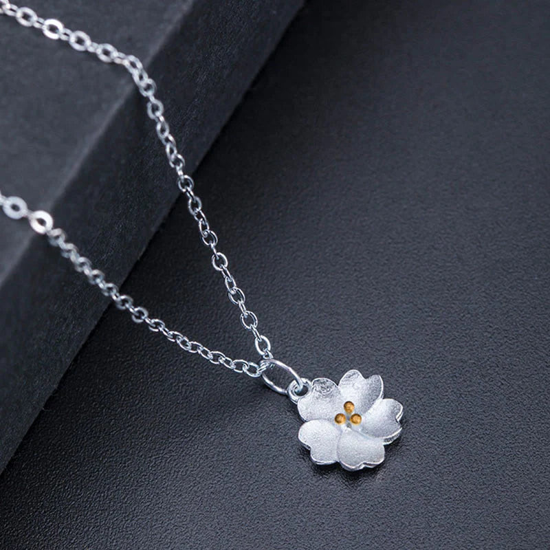 Buddha Stones 925 Sterling Silver Cherry Blossom Flower Blessing Necklace Pendant