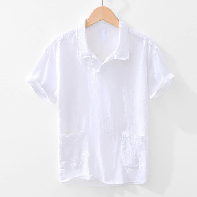 Buddha Stones Vintage Plain Simple Design Men's Short Sleeve Cotton Linen Shirt Clothing With Pockets