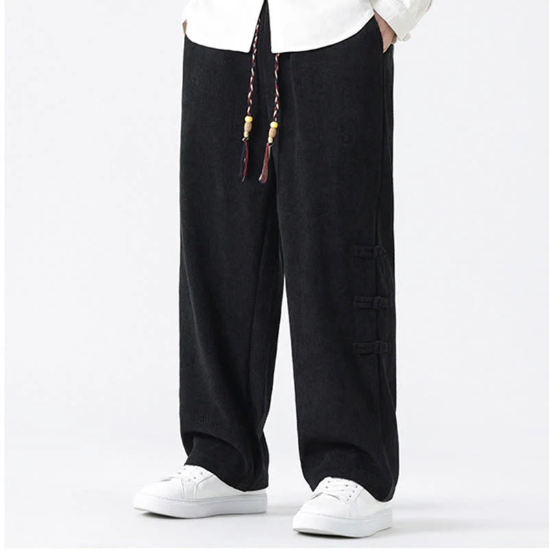 Buddha Stones Fall Solid Frog-Button Men's Drawstring Corduroy Straight Leg Pants With Pockets
