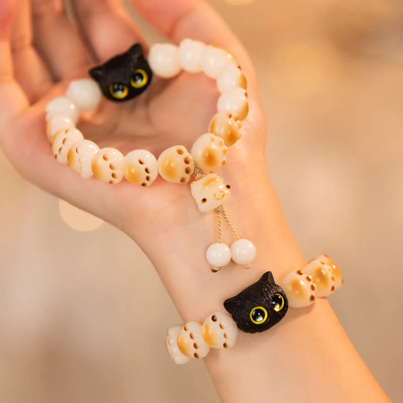 Buddha Stones Natural Bodhi Seed Red Sandalwood Lovely Paw Lucky Cat Peace Bracelet