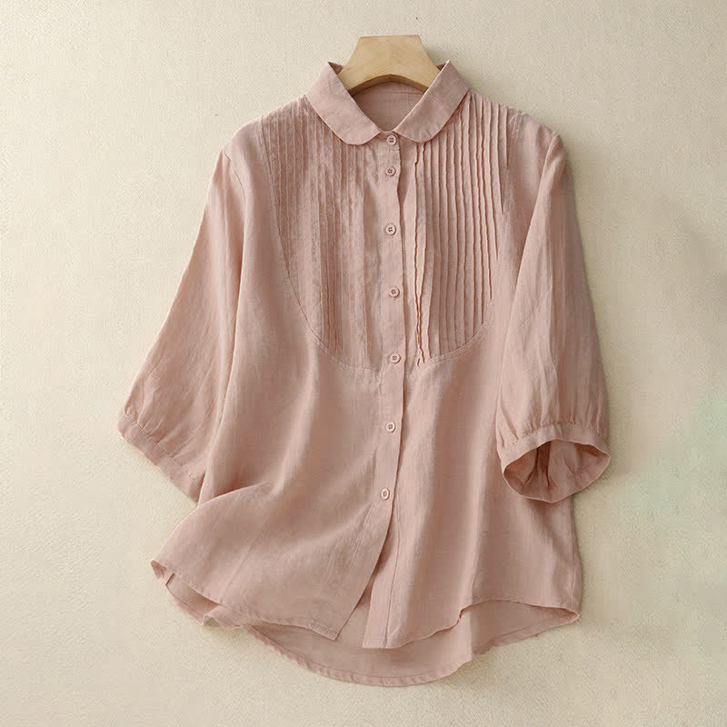 Buddha Stones Spring Pleated Pintuck Peter Pan Collar Half Sleeve Women's Shirt