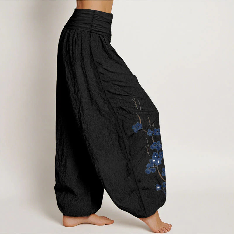 Buddha Stones Cotton Plum Bossom Calligraphy Pattern Women's Elastic Waist Harem Pants