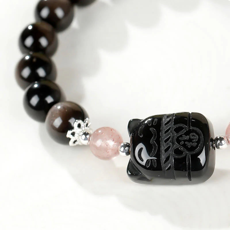 Buddha Stones Cat Silver Sheen Obsidian Strawberry Quartz Protection Bracelet