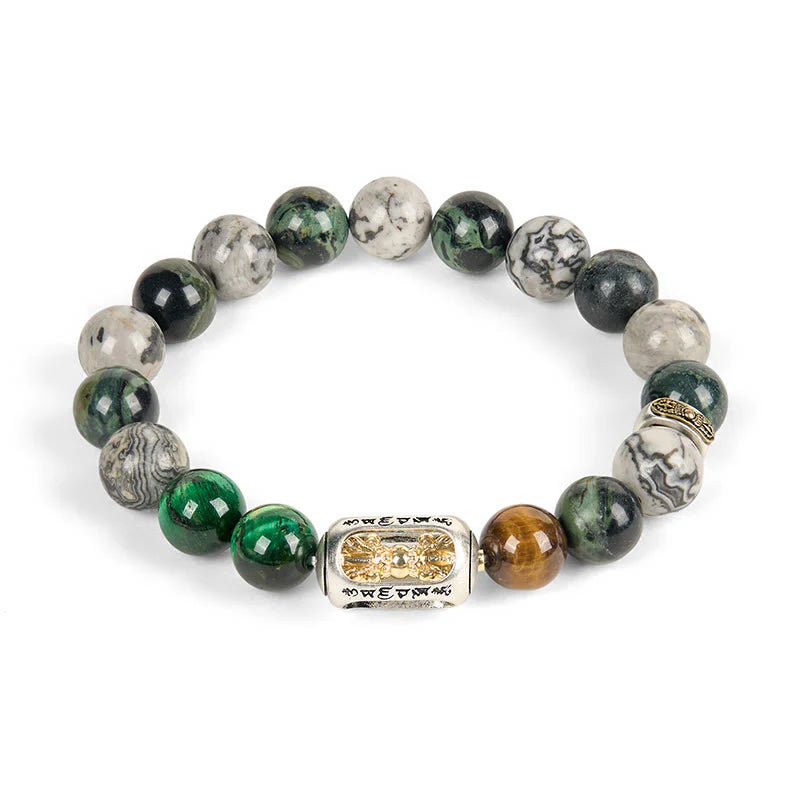 Buddha Stones Natural Grey Jasper Kambamba Jasper Tiger Eye Om Mani Padme Hum Protection Bracelet