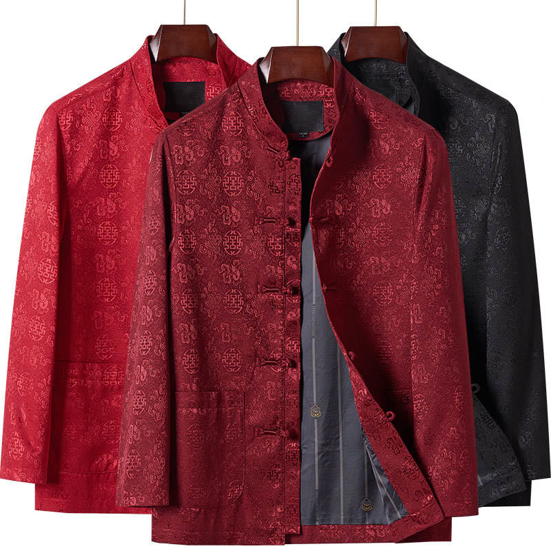 Buddha Stones Embroidery Pattern Stand Collar Long Sleeve Men's Tang Suit Jacket With Pockets
