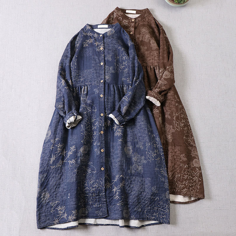 Buddha Stones Commute Bamboo Floral Pattern Long Sleeve Buttons Women's Cotton Midi Dress With Pockets