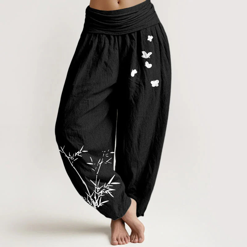 Buddha Stones Pure Cotton Concise Bamboo Butterfly Pattern Women's Elastic Waist Harem Pants
