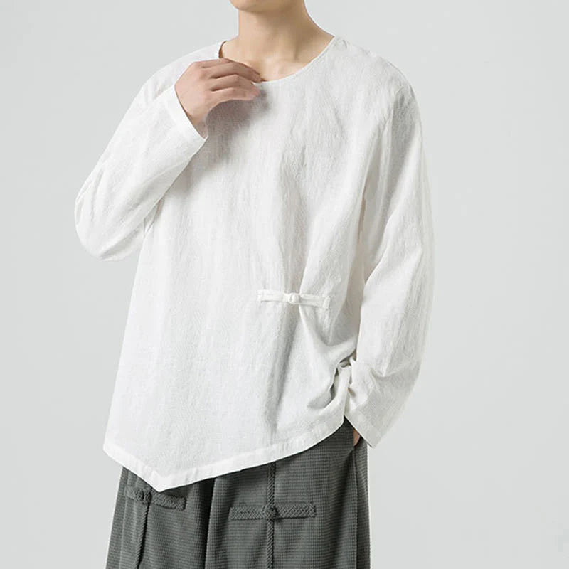 Buddha Stones Men's Chinese Frog-Button Plain Design Cotton Long Sleeve T-Shirt Zen Clothing