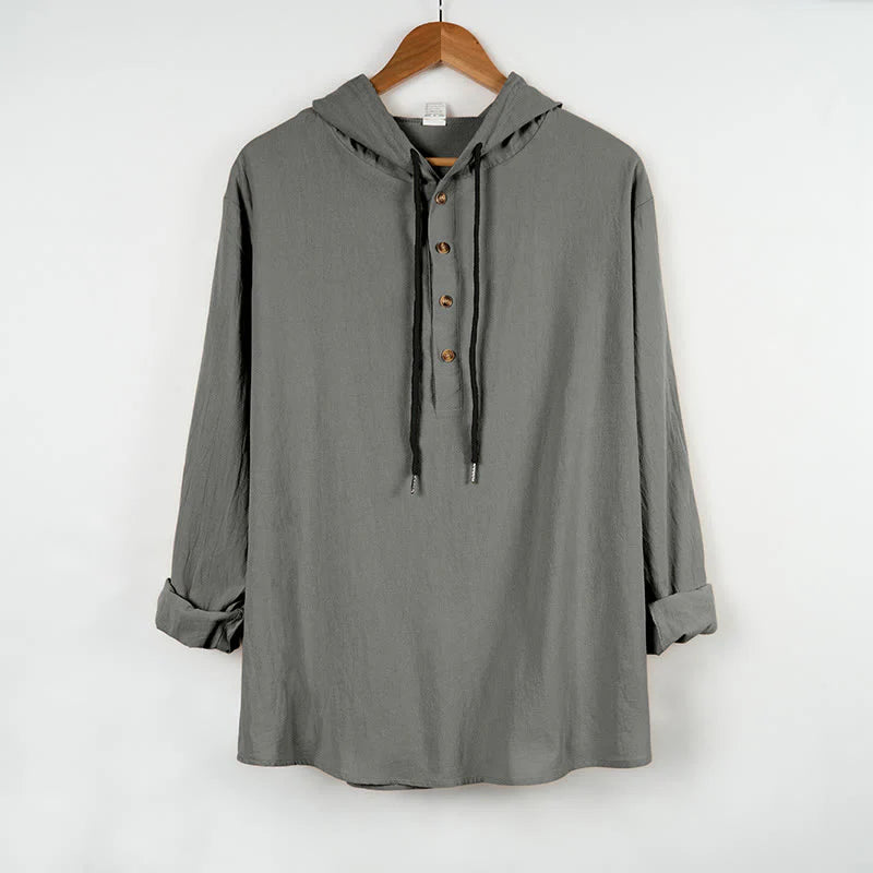 Buddha Stones Solid Color Fall Half Buttons Men's Hooded Long Sleeve Cotton Shirt