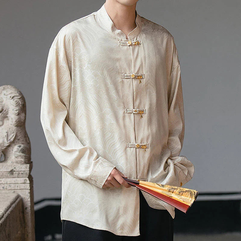 Buddha Stones Chinese Frog-Button Bamboo Shape Design Stand Collar Men's Long Sleeve Shirt
