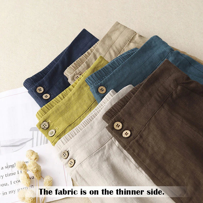 Buddha Stones Summer Casual Simple Design Linen Women's Wide Leg Pants With Zipper Pockets