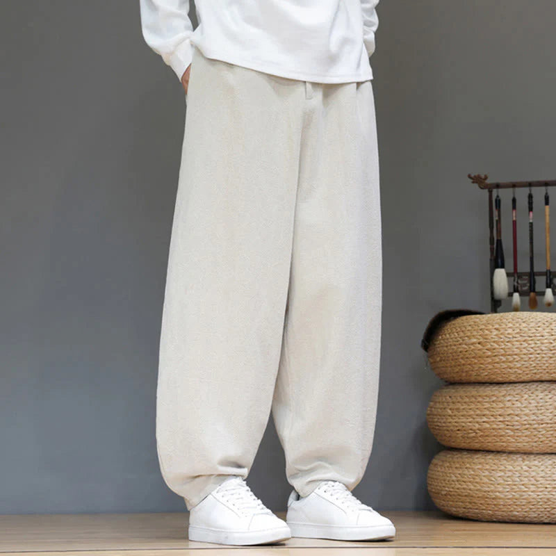 Buddha Stones Fall Sports Men's Pure Color Button Design Cotton Pants With Pockets