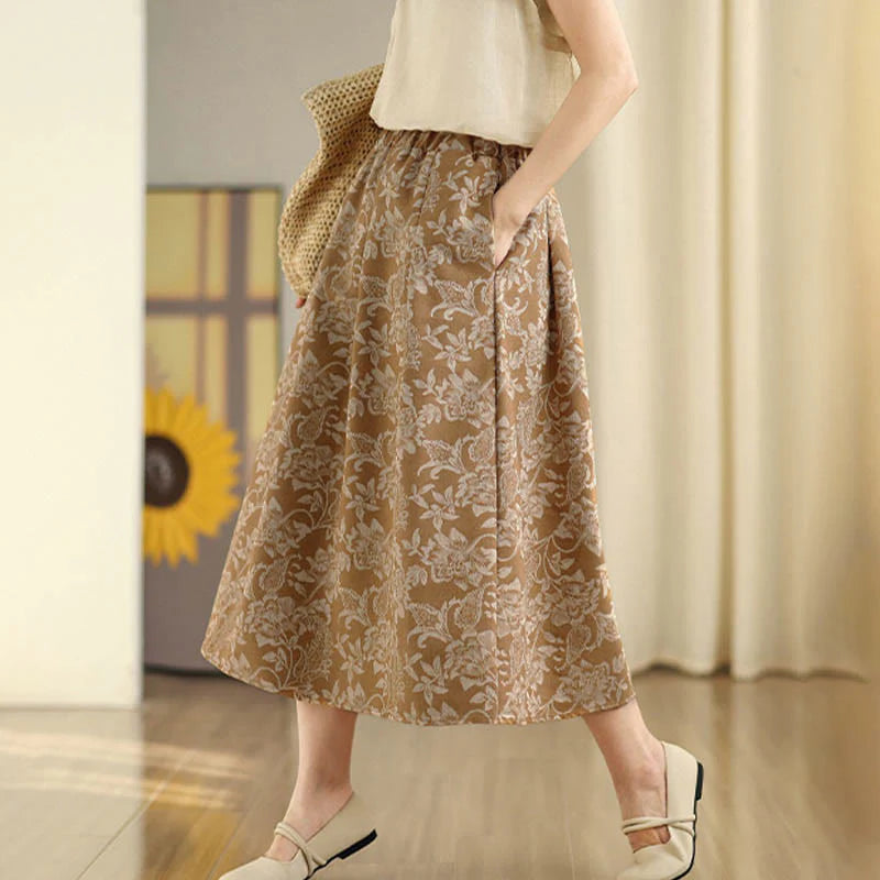Buddha Stones Printing Flower Paisley Pattern A-line Elastic Waist Cotton Women's Skirt With Pockets