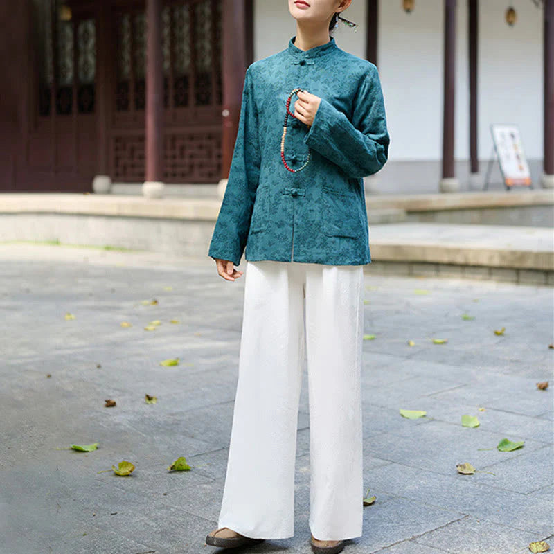 Buddha Stones Frog-Button Long Sleeve Cotton Jacquard Women's Shirt Pants With Pockets