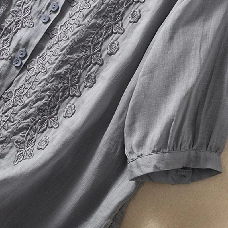 Buddha Stones Summer Plain Button Embroidery Flower Pattern Three Quarter Sleeve Lapel Cotton Linen Women's Shirt