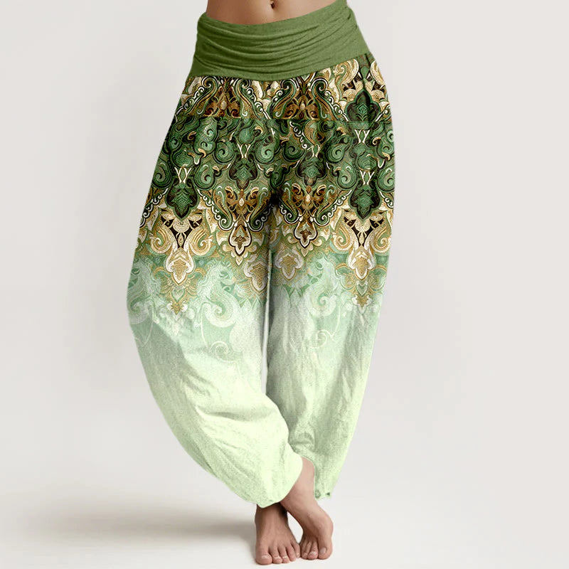 Buddha Stones Paisley Floral Gradient Design Women's Pure Cotton Elastic Waist Harem Pants