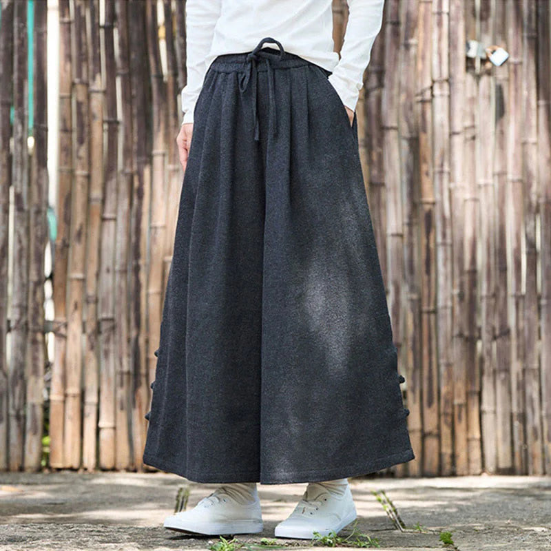 Buddha Stones Winter Chinese Frog-Button Design Corduroy Thermal Men's Wide Leg Pants With Pockets